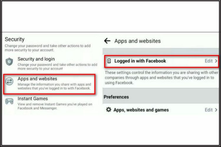 Chọn “Apps and Websites” và chọn “Logged in with Facebook”